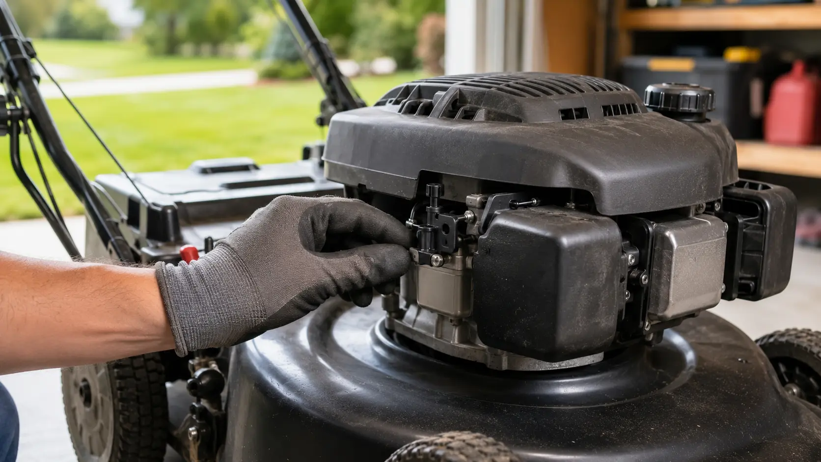 Mechanic inspecting the carburetor and choke on a push lawn mower