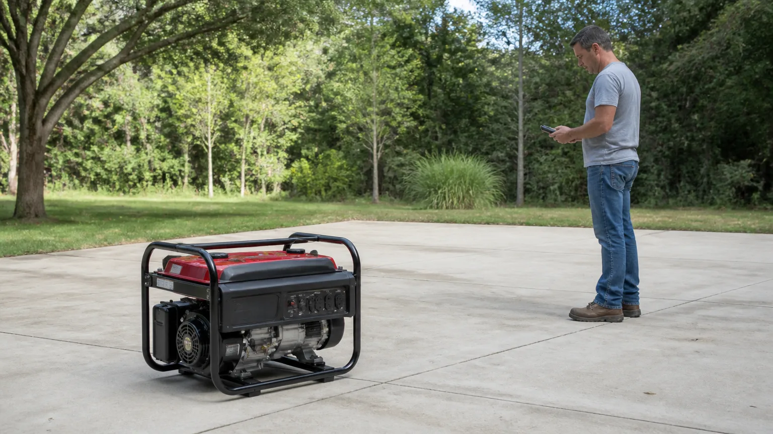 Portable generator running safely outdoors while a homeowner checks its control panel