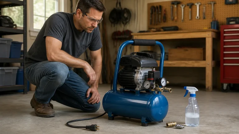 Unplugged portable air compressor being checked for a hose or fitting leak