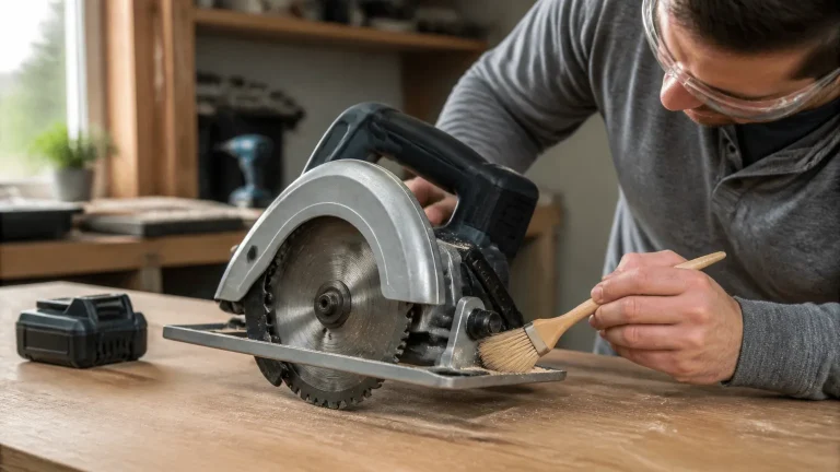 Cleaning dust from a circular saw lower blade guard with the battery removed.