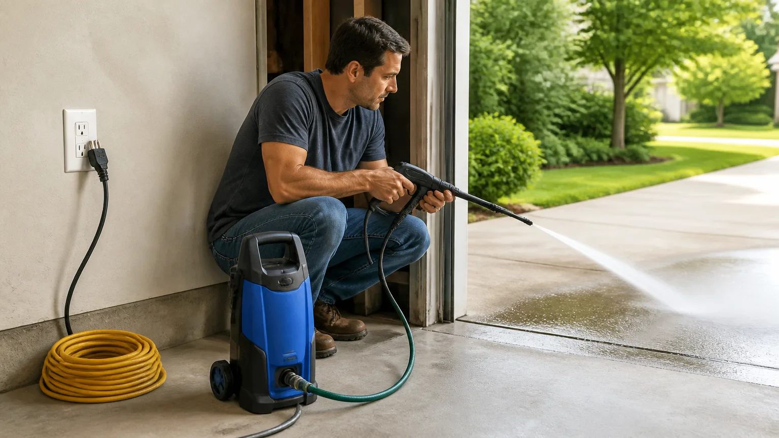 Unplugged electric pressure washer being checked for a humming no-start condition