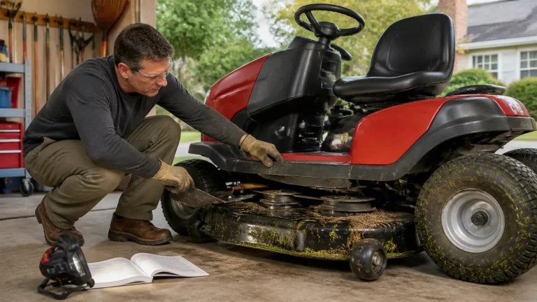 Safely inspecting a riding mower deck after the blade engagement stalls the engine