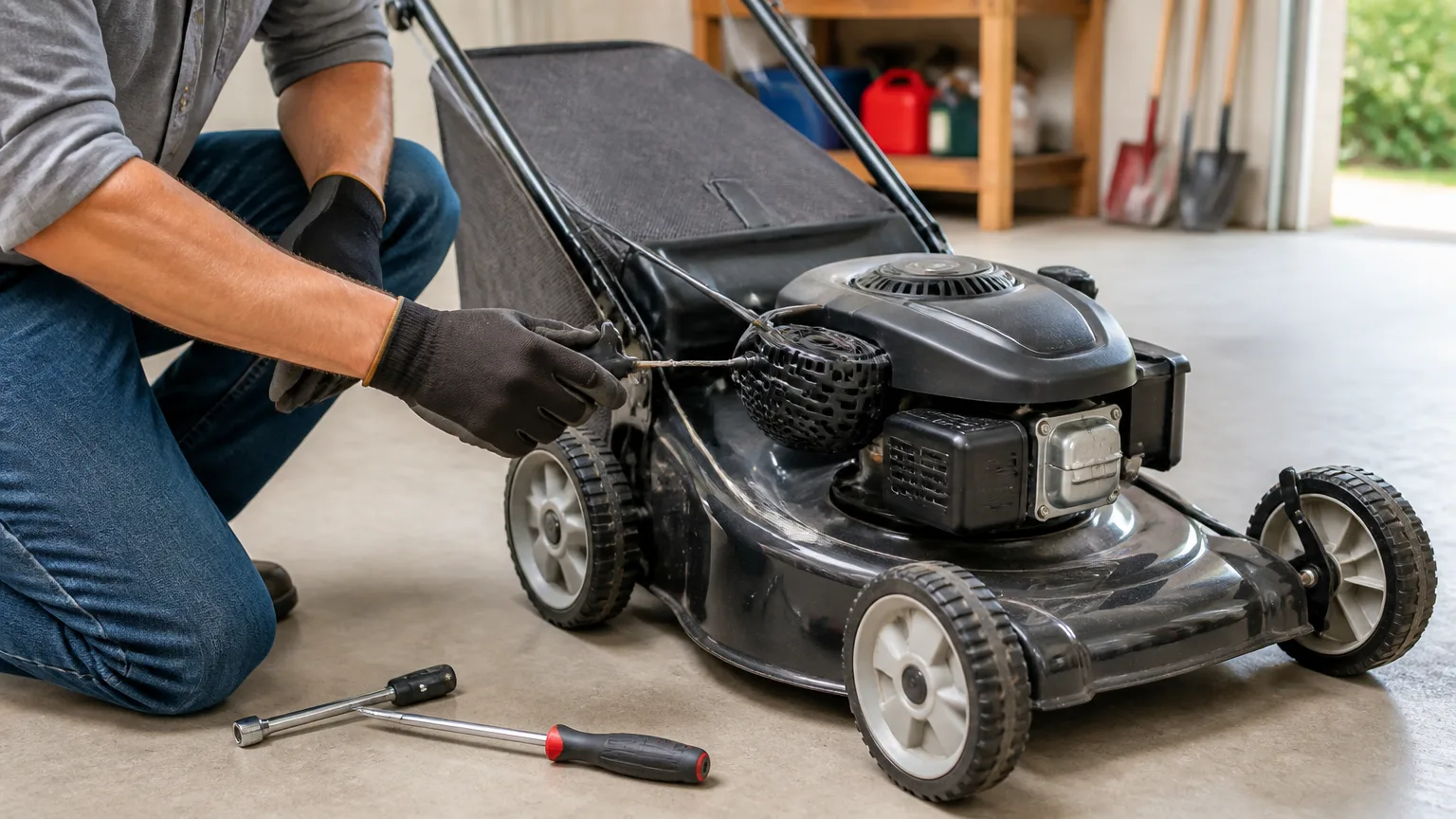 Safely inspecting a stuck lawn mower pull cord with the spark plug wire disconnected.