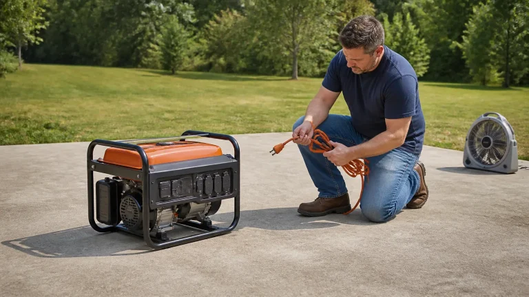 Homeowner inspecting an outdoor extension cord after a portable generator breaker keeps tripping.