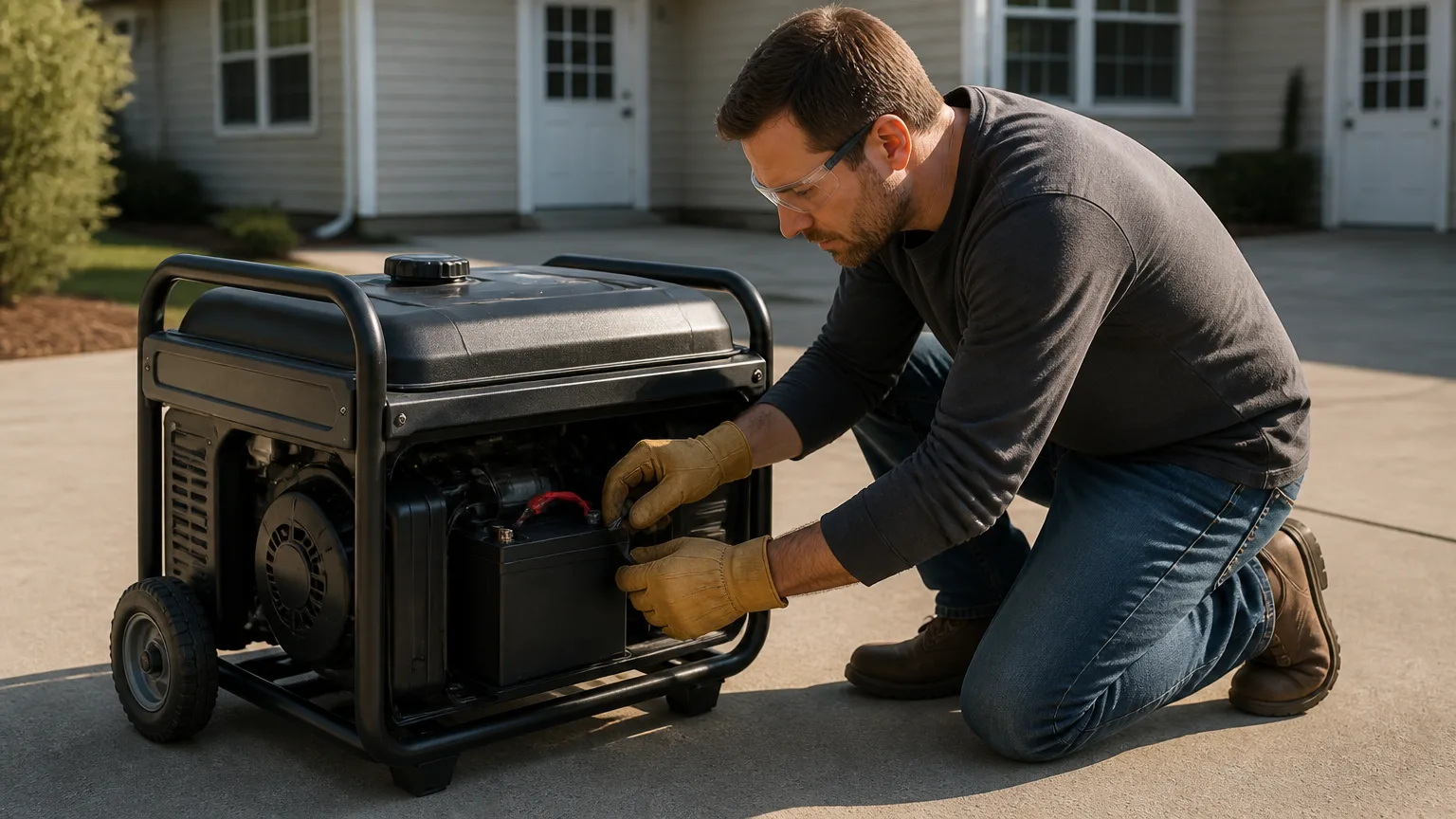 Homeowner inspecting battery cables on an electric-start portable generator outdoors