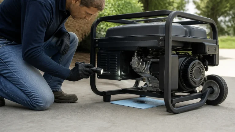 Portable generator switched off outdoors while its carburetor area is inspected for a fuel leak.