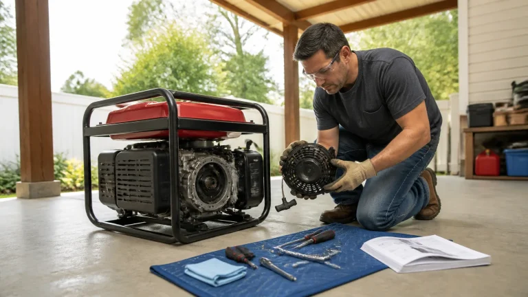 Technician inspecting a portable generator recoil starter housing and pull rope safely.