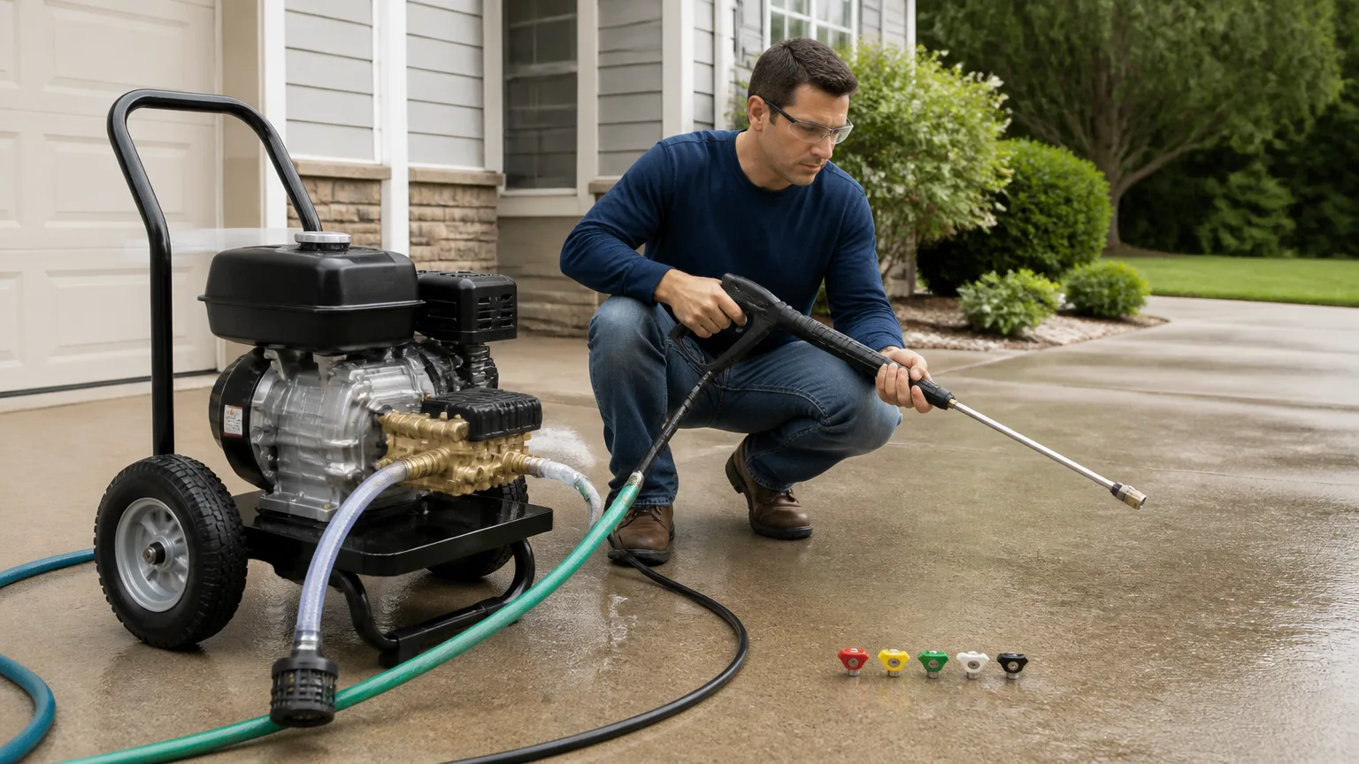 Gas pressure washer prepared for safe nozzle and water-flow checks before spraying.