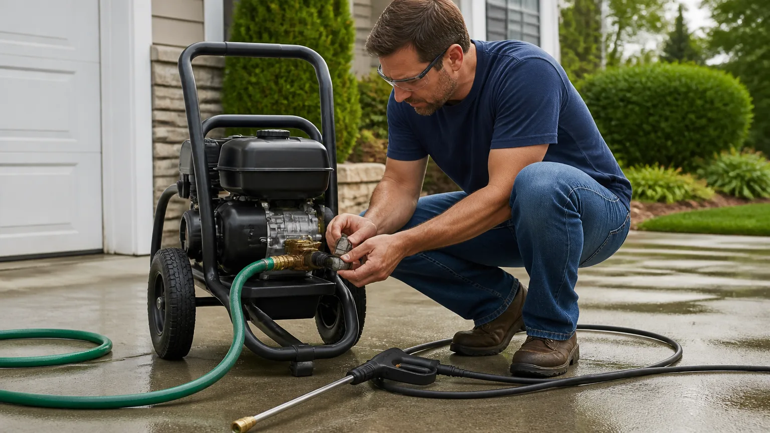 Homeowner checking a pressure washer inlet connection and hose before clearing pulsating spray pressure.