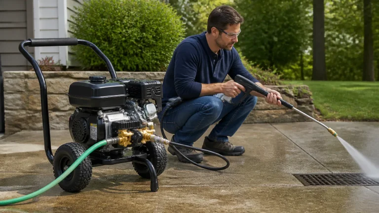 Homeowner purging air from a pressure washer pump with the engine off