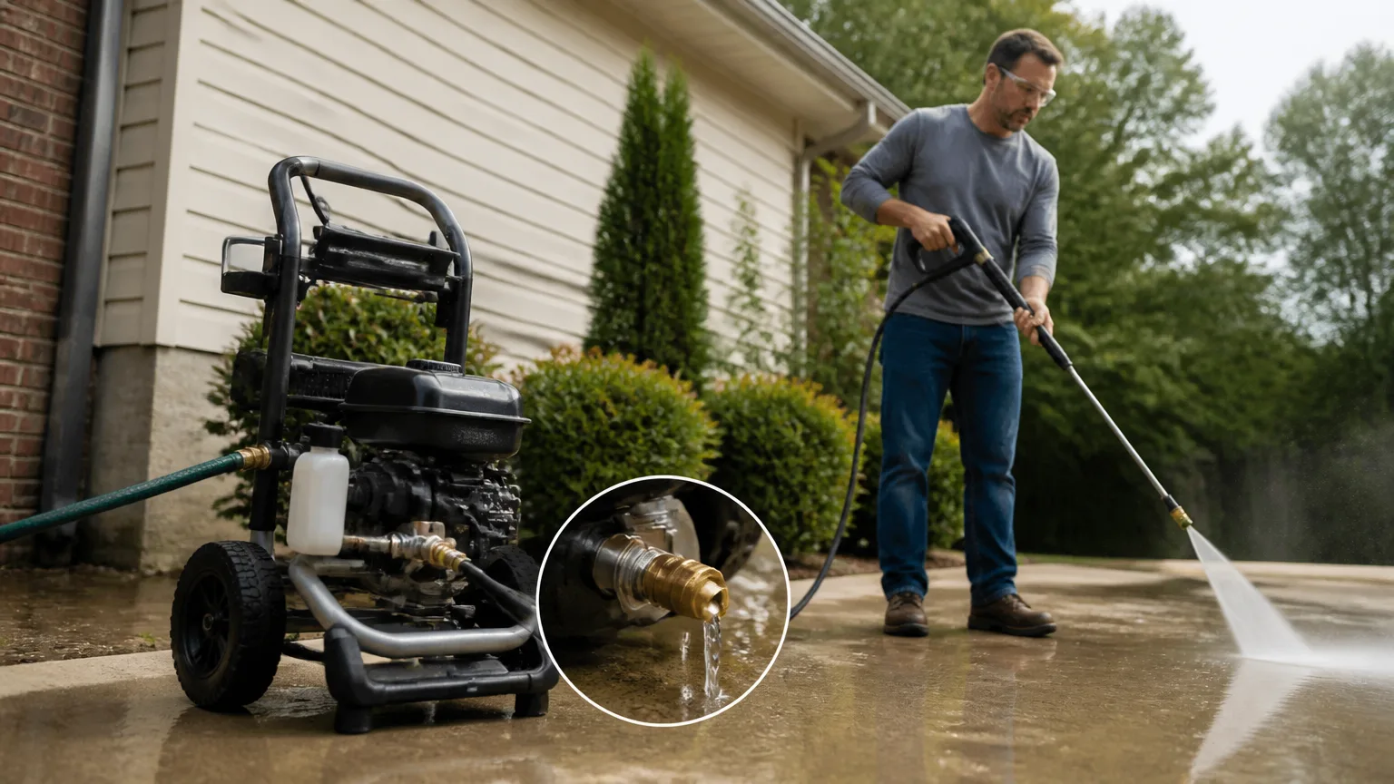 Pressure washer pump thermal relief valve discharging water safely onto a driveway.