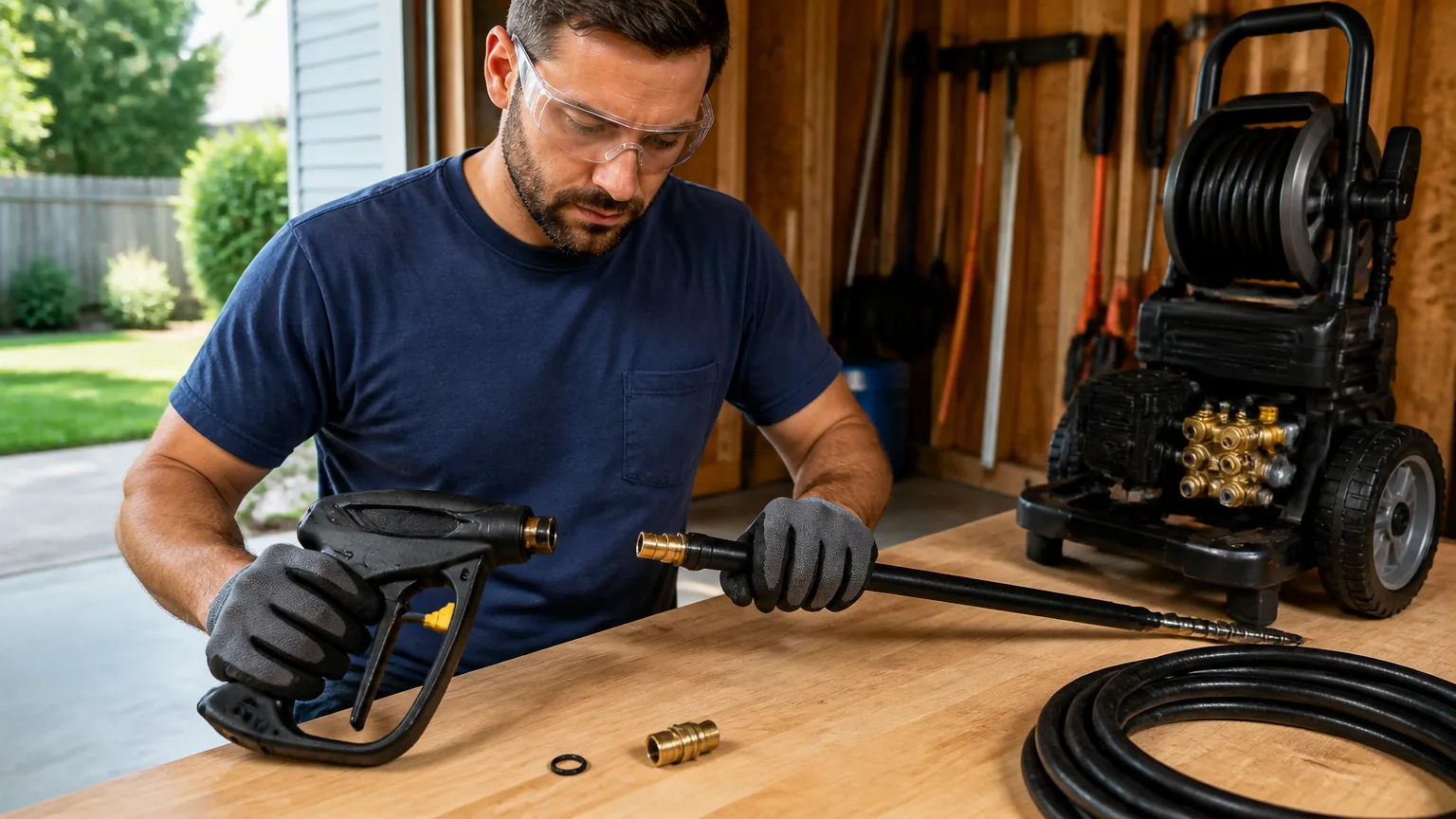Safely inspecting a pressure washer trigger gun O-ring and wand fitting on a workbench