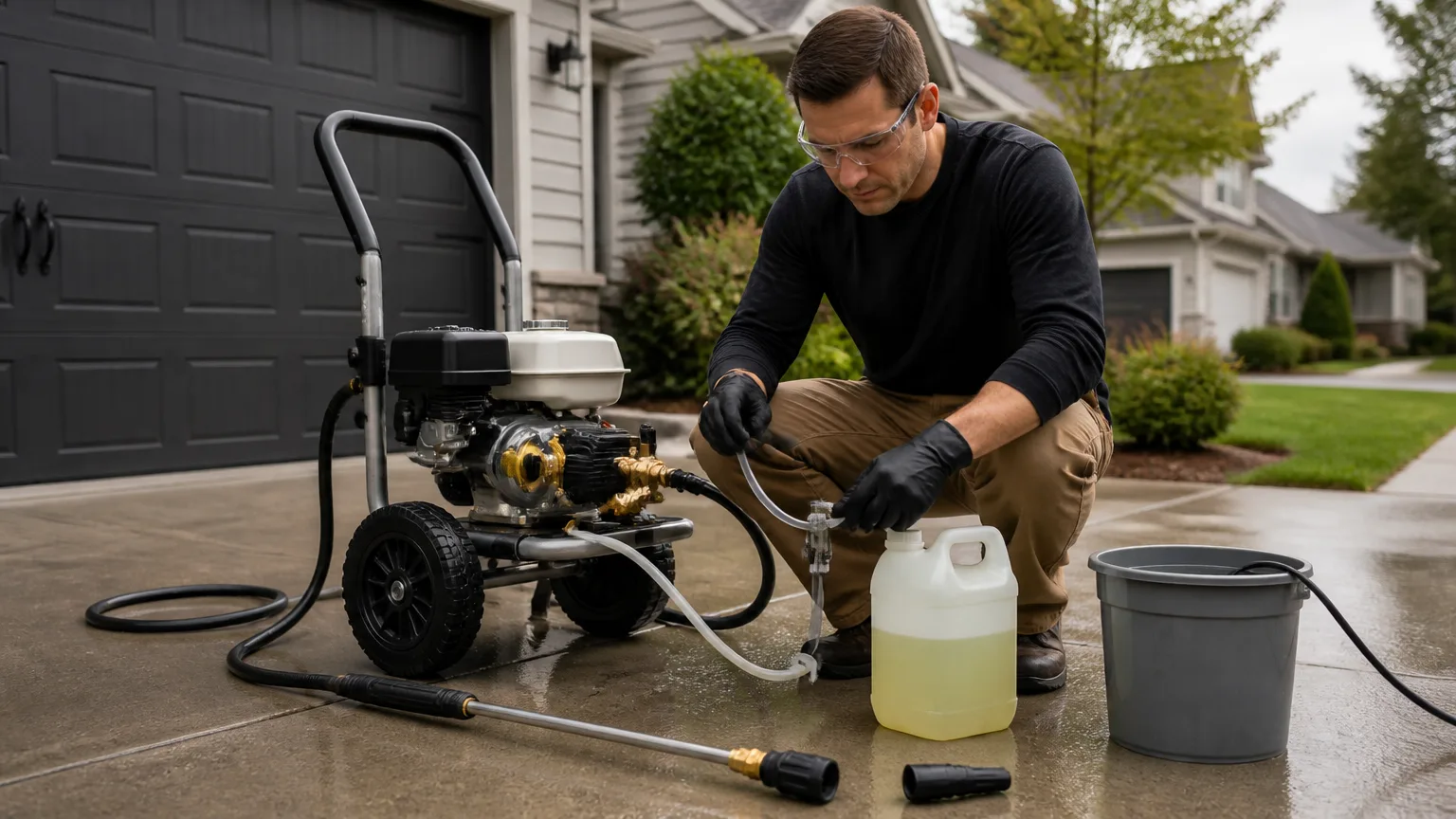 Person safely checking a pressure washer detergent pickup tube and soap nozzle