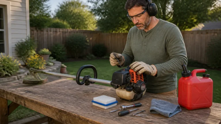 Safe inspection of a gas string trimmer with the spark-plug boot disconnected.