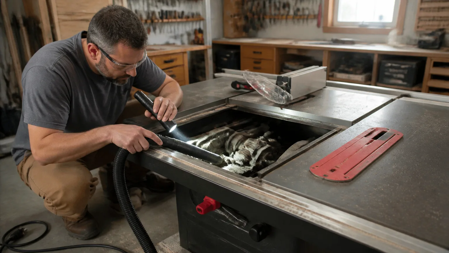 Unplugged table saw being inspected for a stuck blade elevation mechanism
