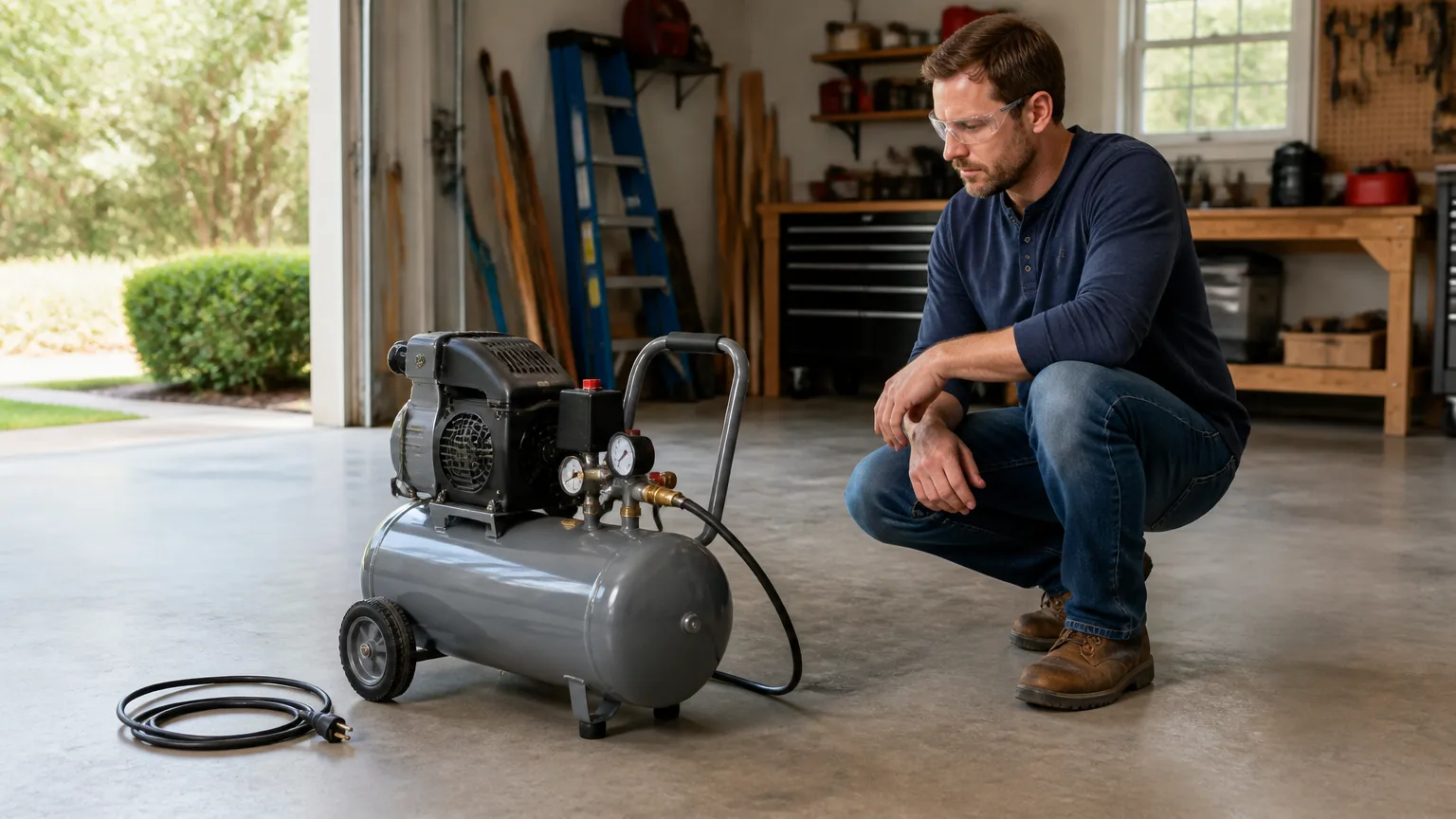 Unplugged portable air compressor being checked after it failed to stop at cut-out pressure.