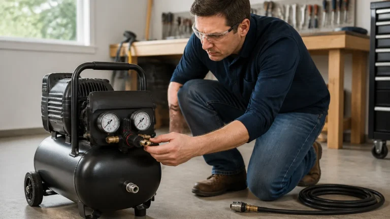 Technician checking an air compressor regulator knob and outlet pressure gauge safely