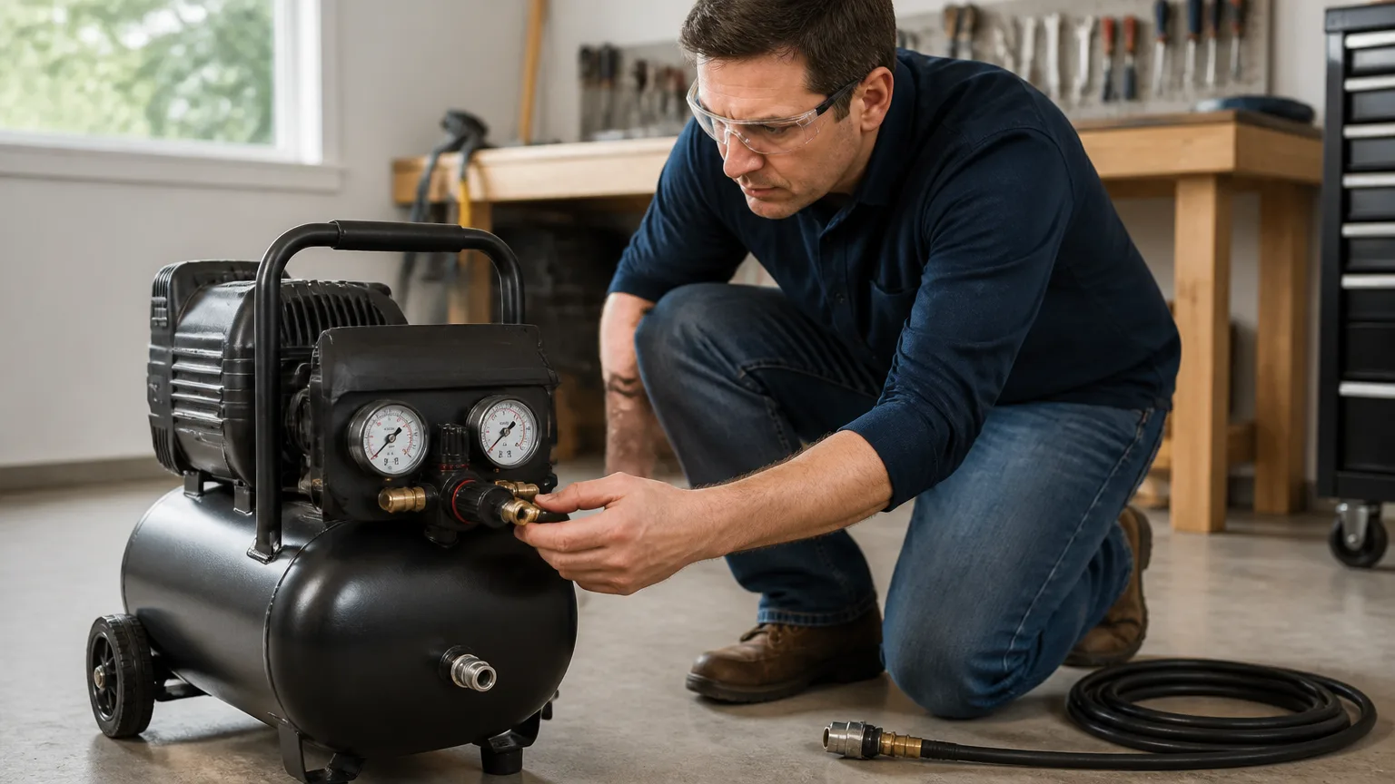Technician checking an air compressor regulator knob and outlet pressure gauge safely