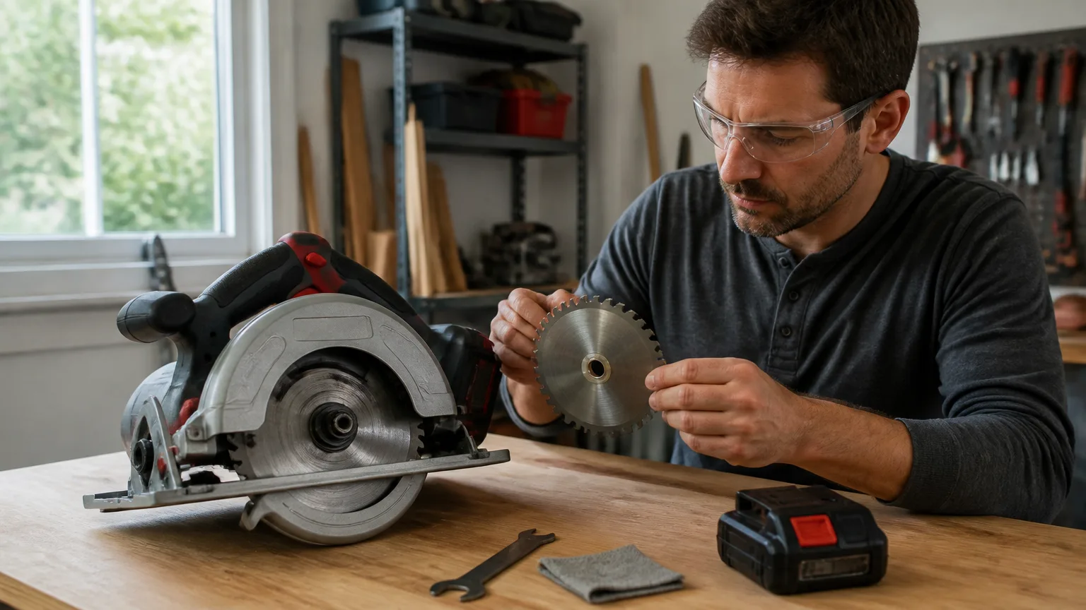 Disconnected circular saw with removed blade during an arbor and flange inspection