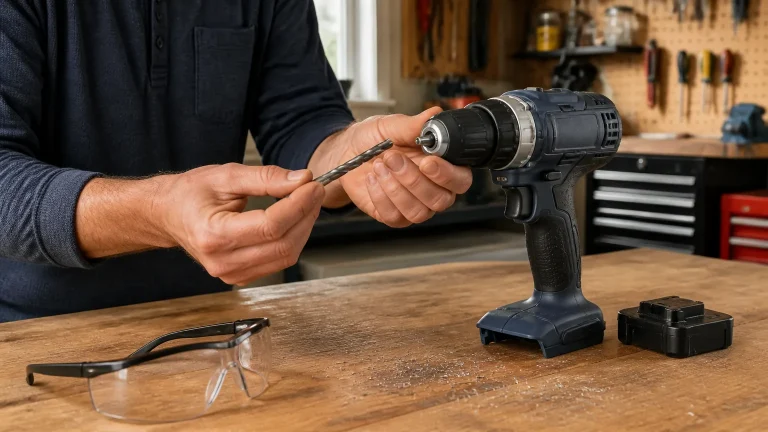 Hands inspecting a cordless drill keyless chuck and drill bit with the battery removed.