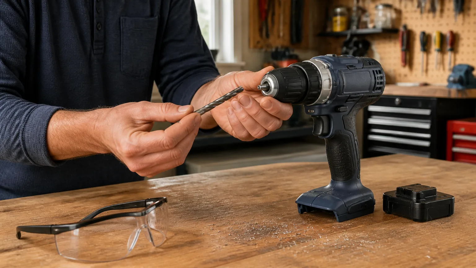 Hands inspecting a cordless drill keyless chuck and drill bit with the battery removed.
