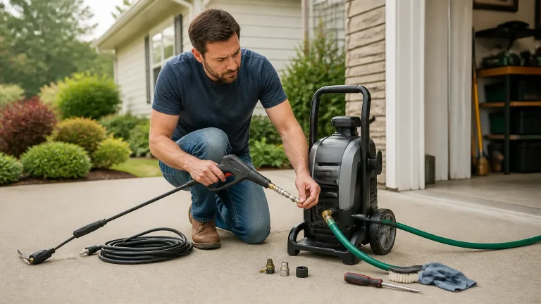 Homeowner safely checking an electric pressure washer hose connection with the unit unplugged.