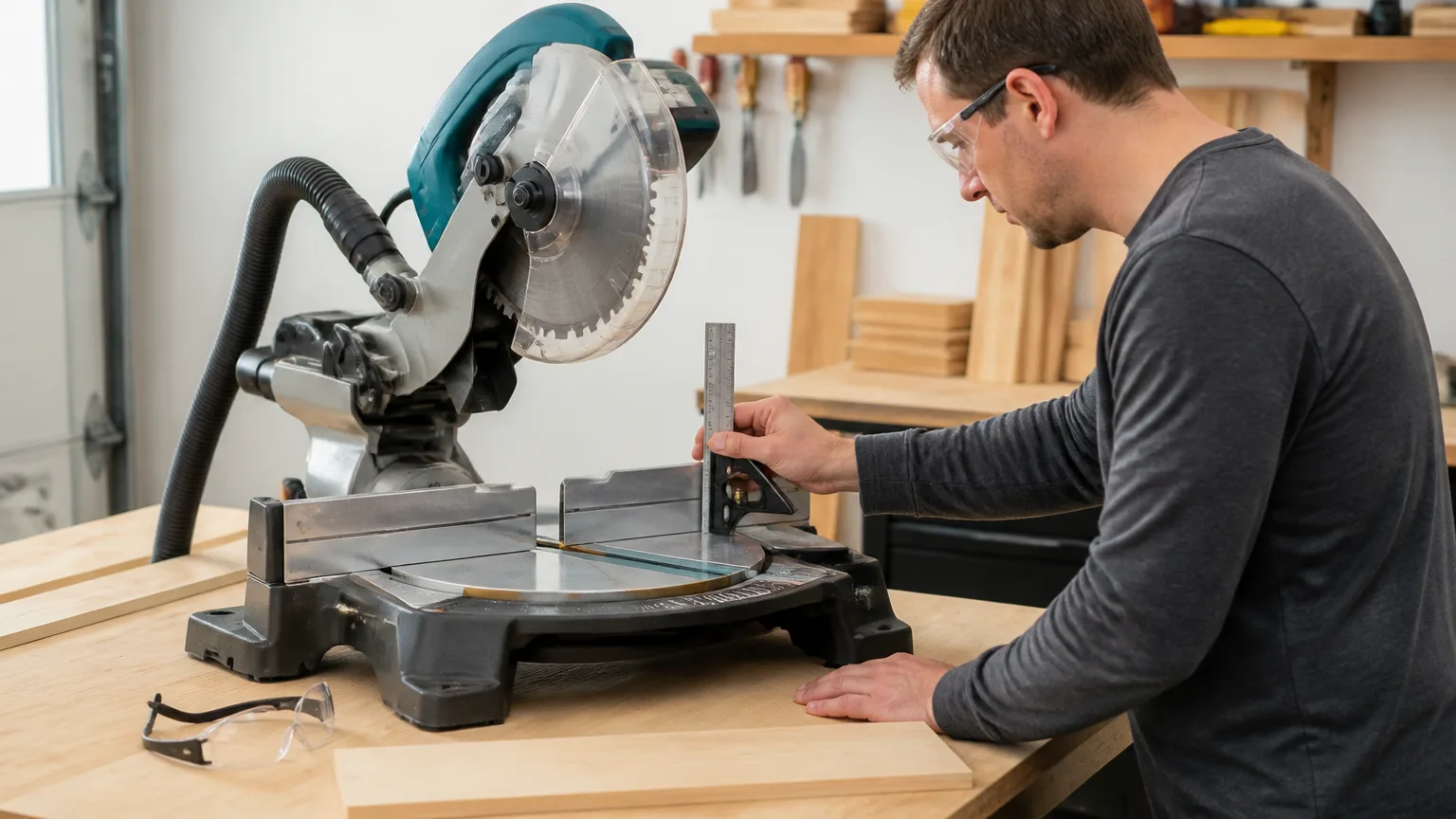 Checking a miter saw blade against the fence with a combination square