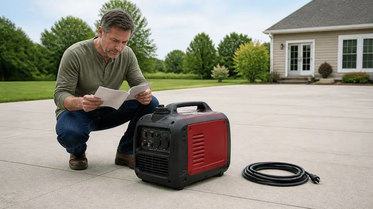 Homeowner checks Eco mode on a portable generator operating safely outdoors.