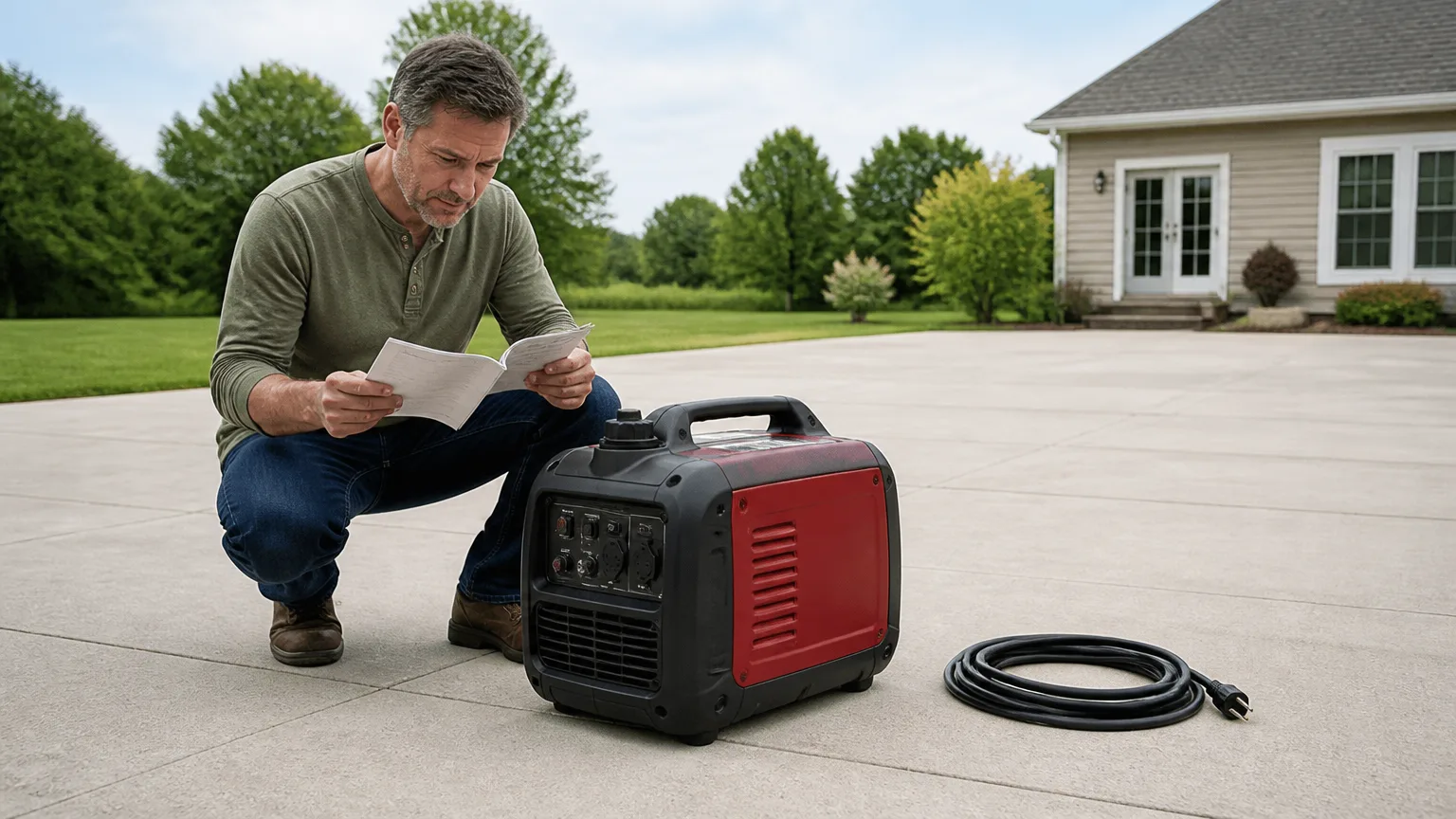 Homeowner checks Eco mode on a portable generator operating safely outdoors.
