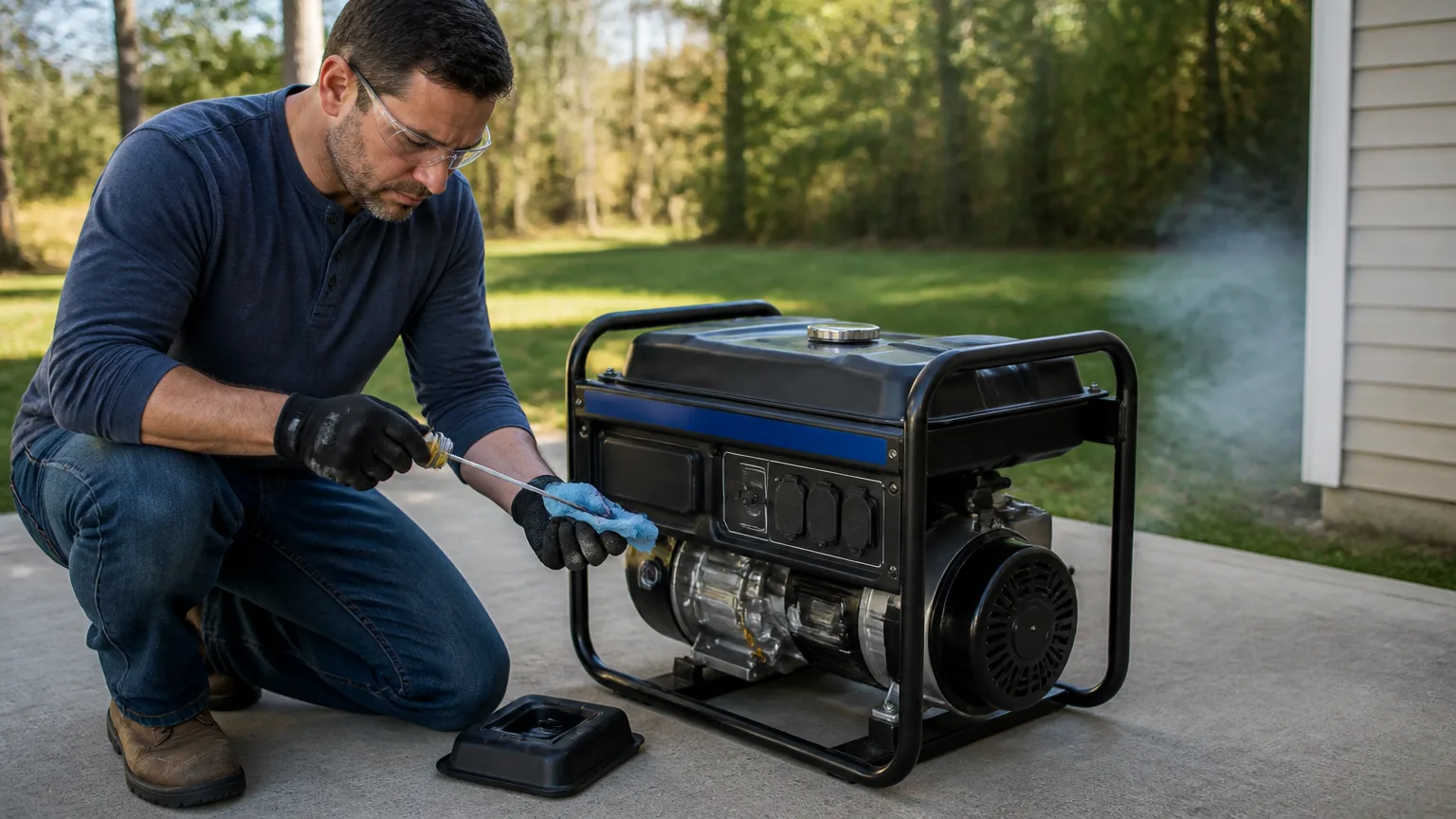 Owner checking oil level on a portable generator with exhaust smoke concerns outdoors.