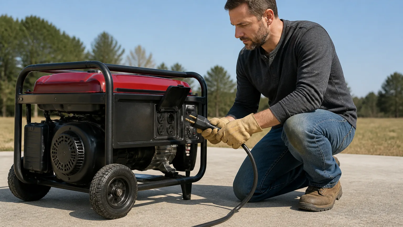 Inspecting a dry extension-cord plug beside a portable generator GFCI outlet