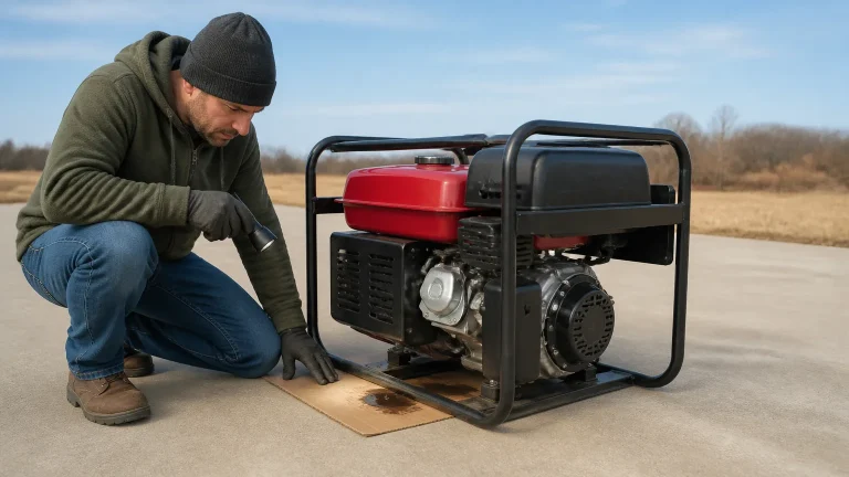 Homeowner inspecting a portable generator leaking oil on cardboard outdoors with the engine off.