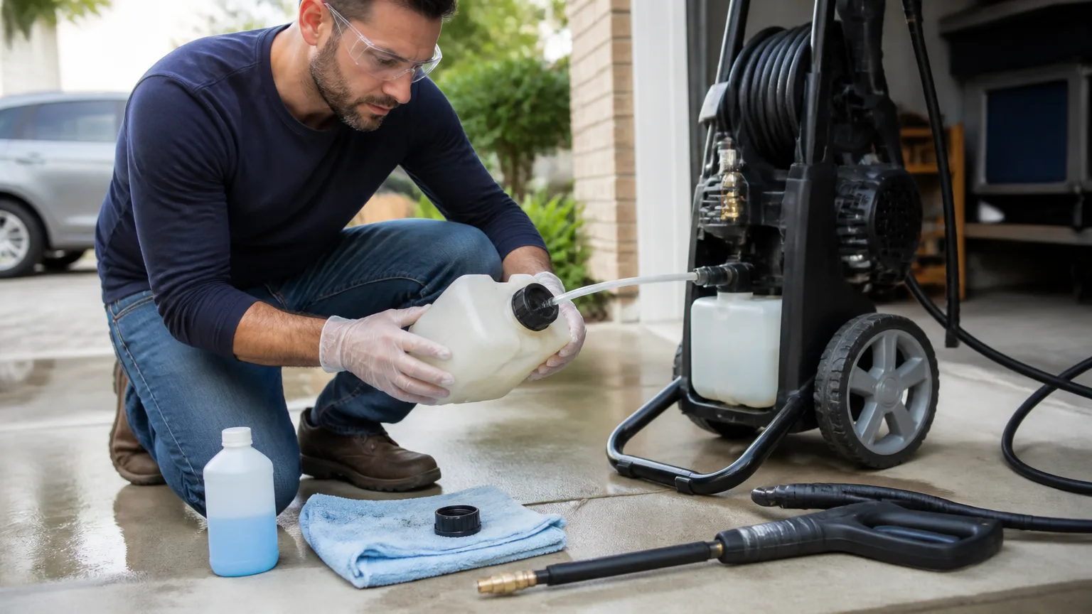 Homeowner safely inspecting a leaking pressure washer detergent tank cap and pickup hose.