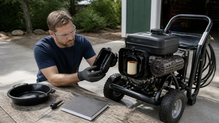 Homeowner inspecting a gas pressure washer air filter and oil dipstick outdoors