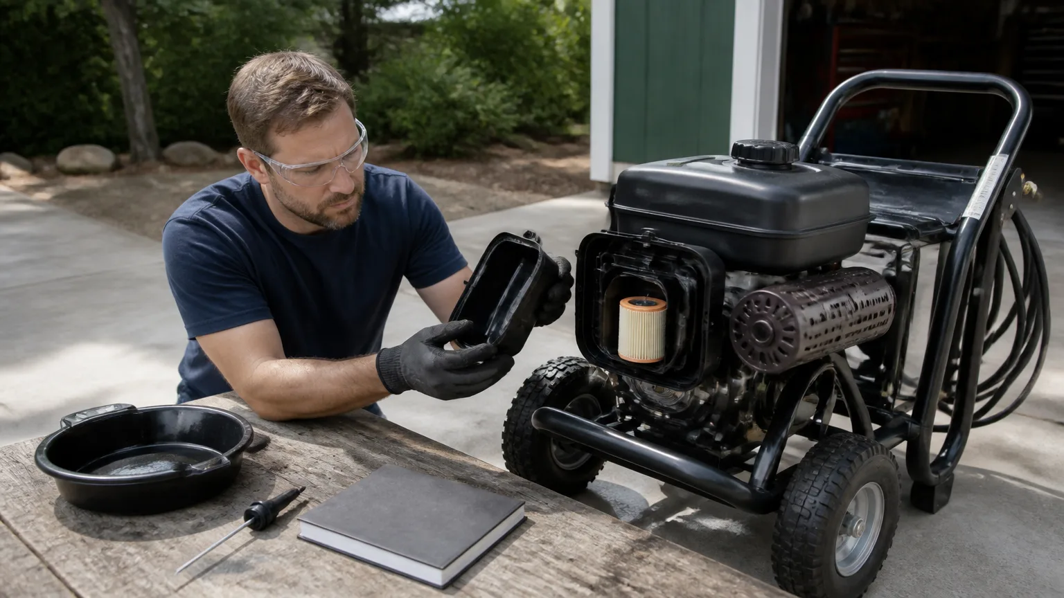 Homeowner inspecting a gas pressure washer air filter and oil dipstick outdoors