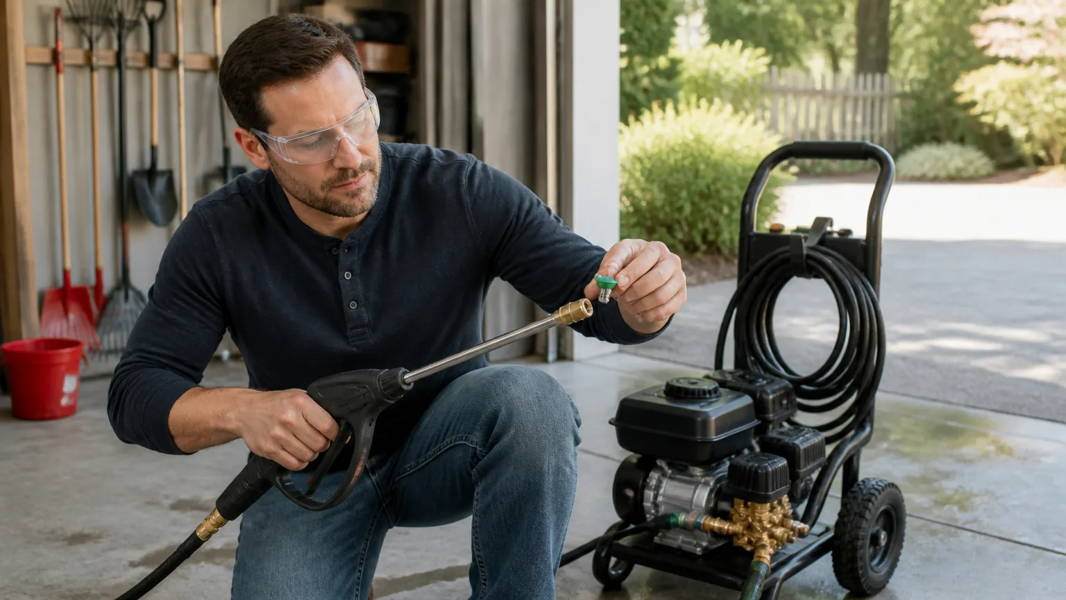 Safely checking a pressure washer wand quick-connect retainer and spray tip.