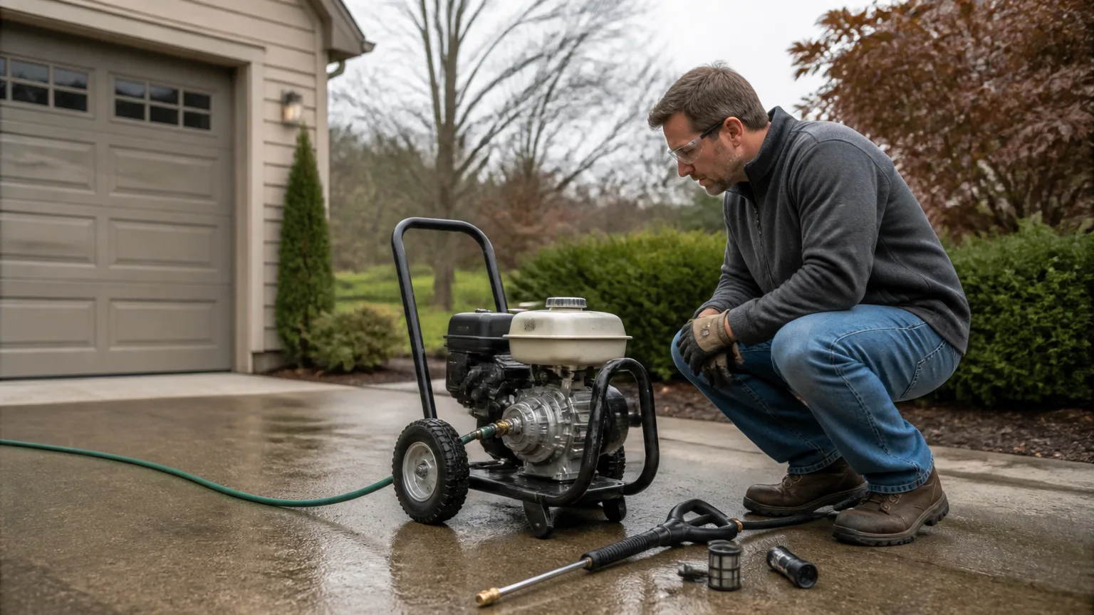 Homeowner safely inspecting a pressure washer pump after a grinding noise