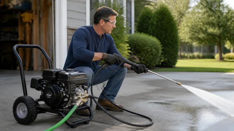 Safely relieving pressure from a gas pressure washer before checking a stuck recoil starter.