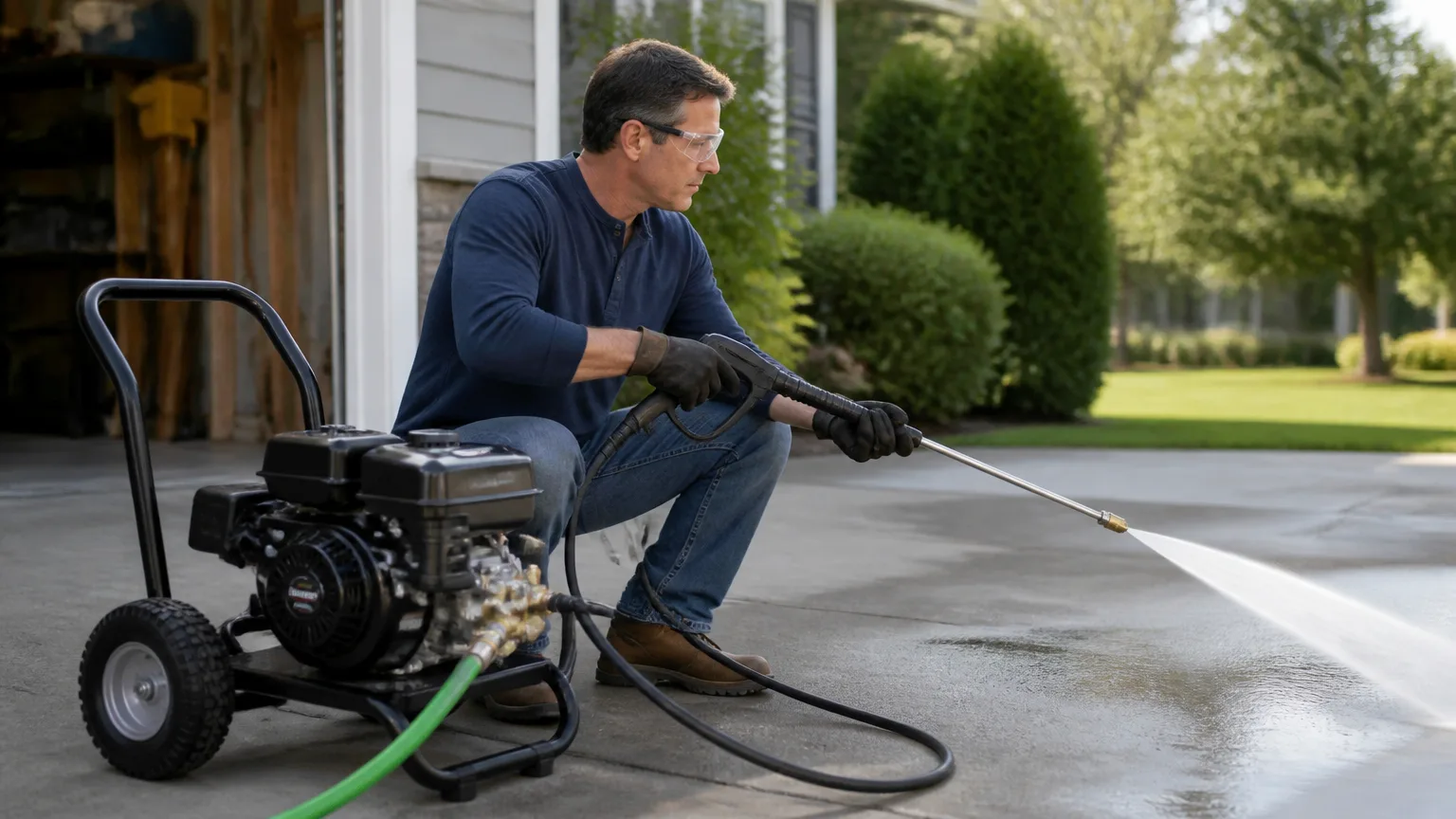 Safely relieving pressure from a gas pressure washer before checking a stuck recoil starter.