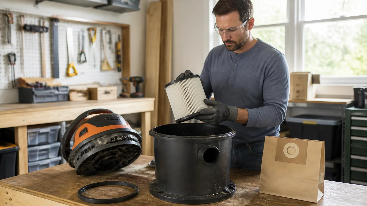 Unplugged wet/dry shop vacuum with filter, bag, and lid seal laid out for inspection